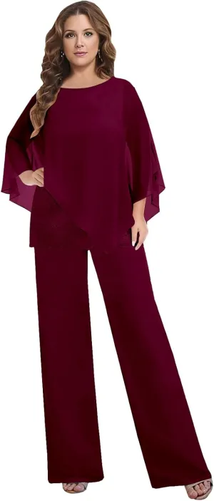2 Pieces Mother of The Bride Pant Suits for Women Dressy Wedding Guest Pantsuit Cape Chiffon Formal Evening Outfit