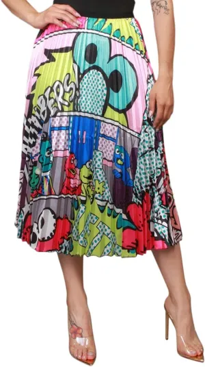 2Chique Boutique Women's Cartoon Printed Pleated Midi Skirt with Elastic Waistband