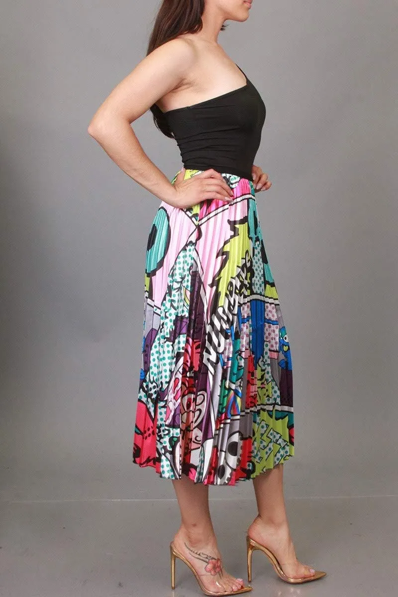 2Chique Boutique Women's Cartoon Printed Pleated Midi Skirt with Elastic Waistband