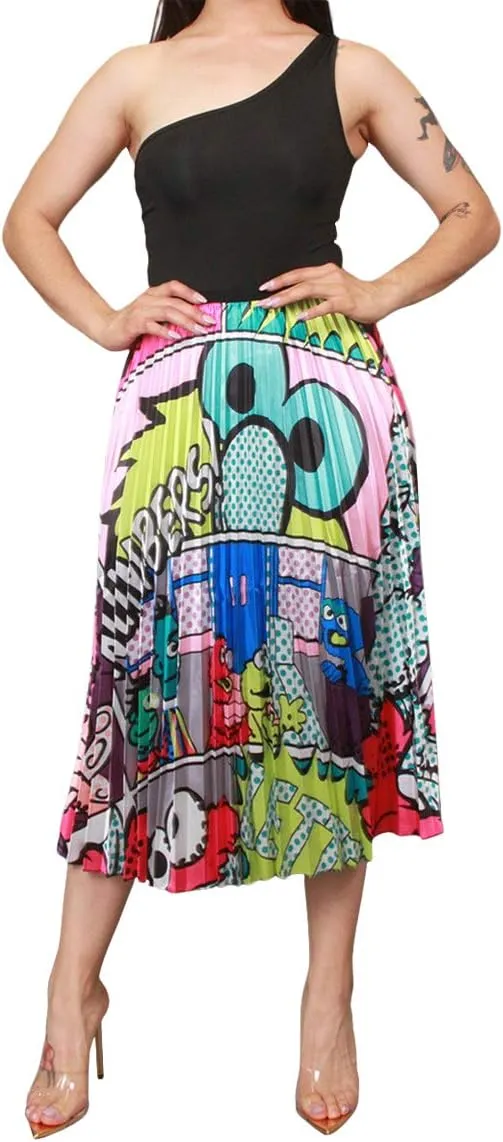 2Chique Boutique Women's Cartoon Printed Pleated Midi Skirt with Elastic Waistband