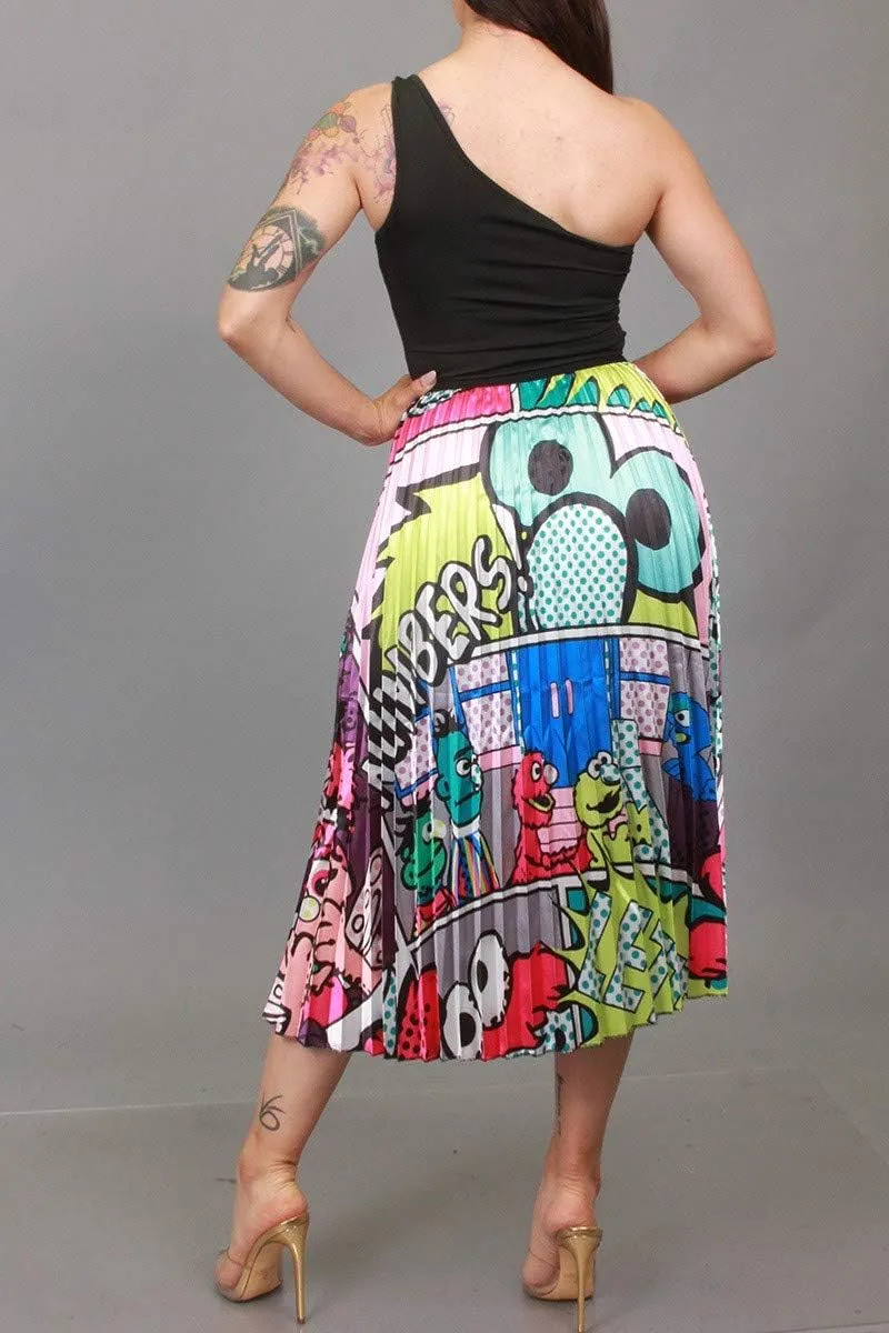 2Chique Boutique Women's Cartoon Printed Pleated Midi Skirt with Elastic Waistband
