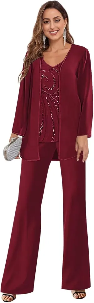 3 Piece Mother of The Bride Pant Suits for Wedding Chiffon Sequins Formal Outfits with Jacket