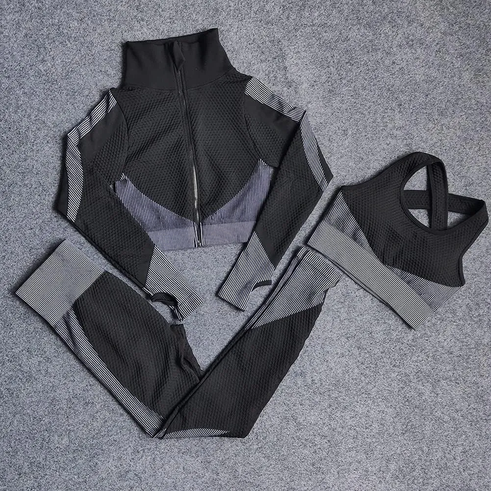 3pcs Seamless Outfit Workout Sets Gym for Women, Fitness Sports School Running Clothes Yoga Sportswear