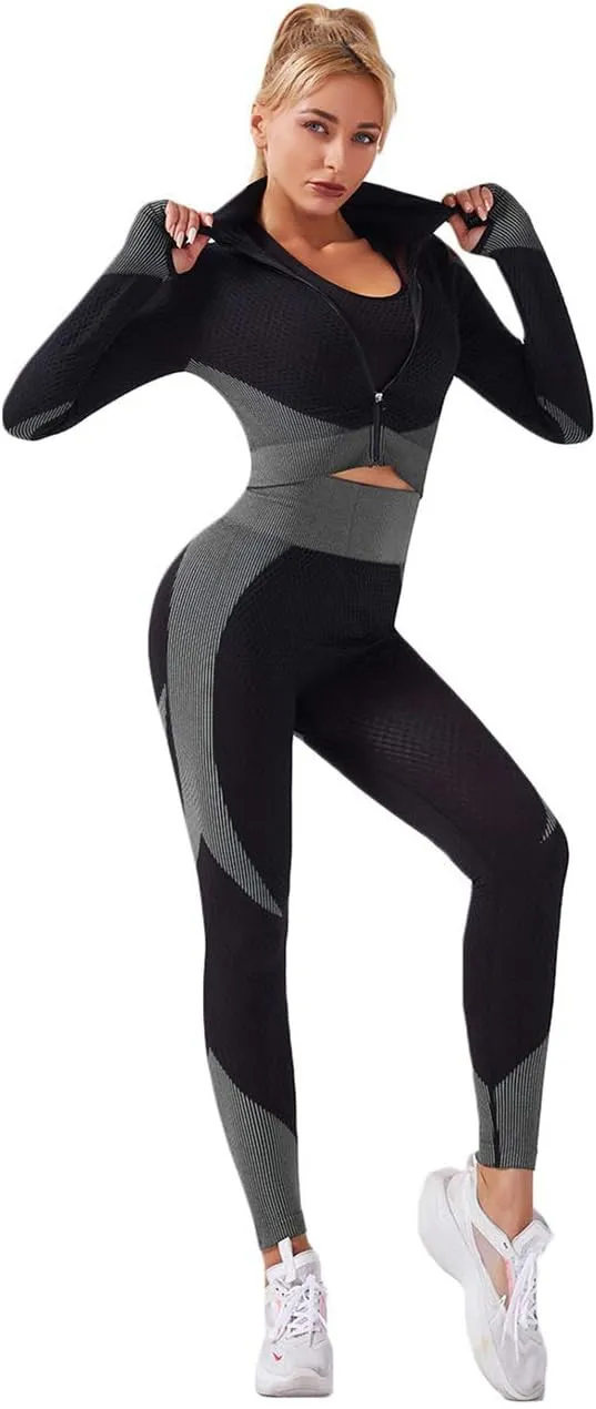 3pcs Seamless Outfit Workout Sets Gym for Women, Fitness Sports School Running Clothes Yoga Sportswear