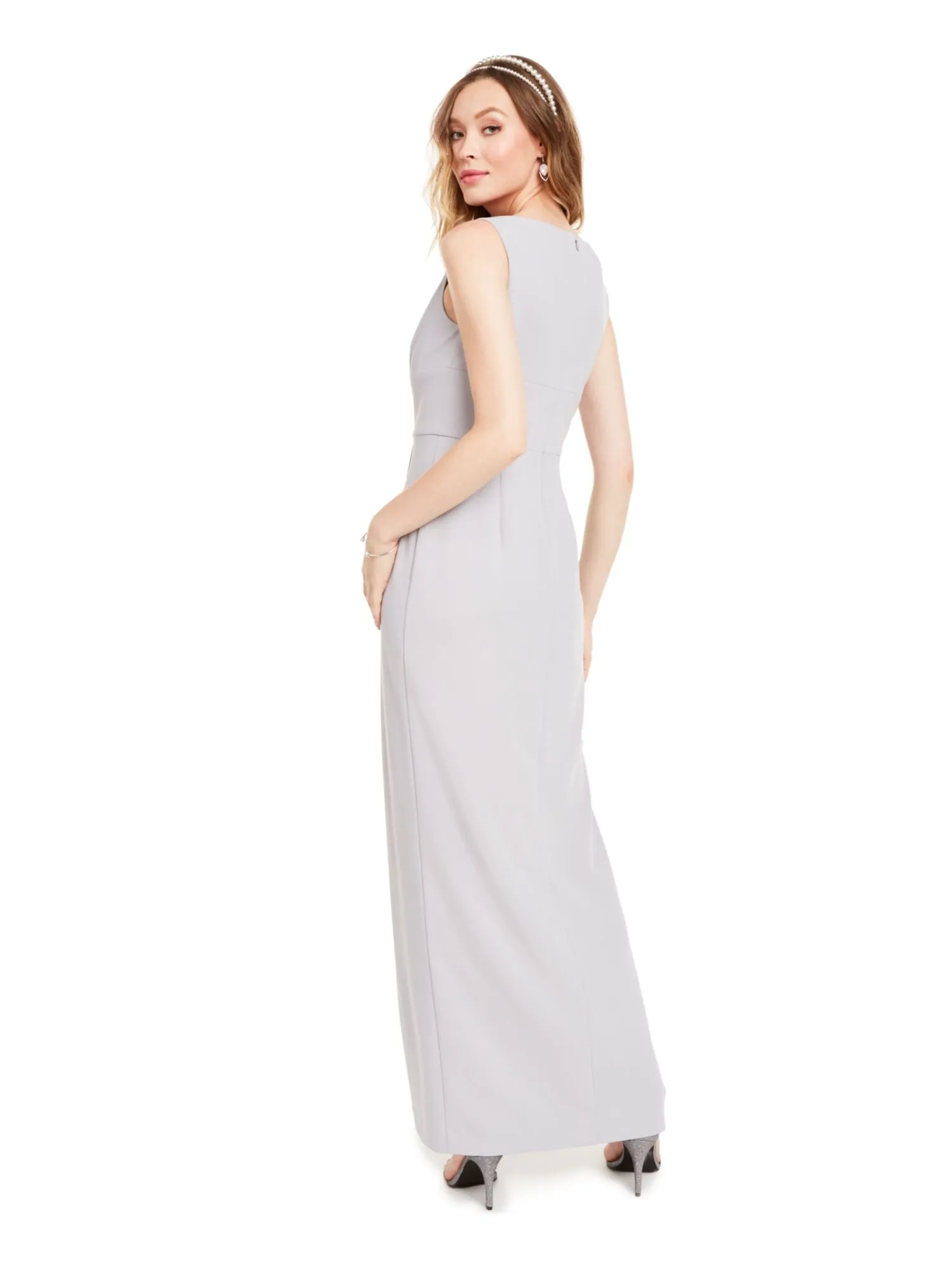 ADRIANNA PAPELL Womens Gray Zippered Sleeveless V Neck Maxi Formal Sheath Dress