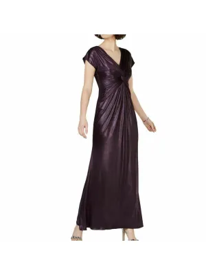 ADRIANNA PAPELL Womens Purple Ruched Short Sleeve V Neck Maxi Formal Sheath Dress