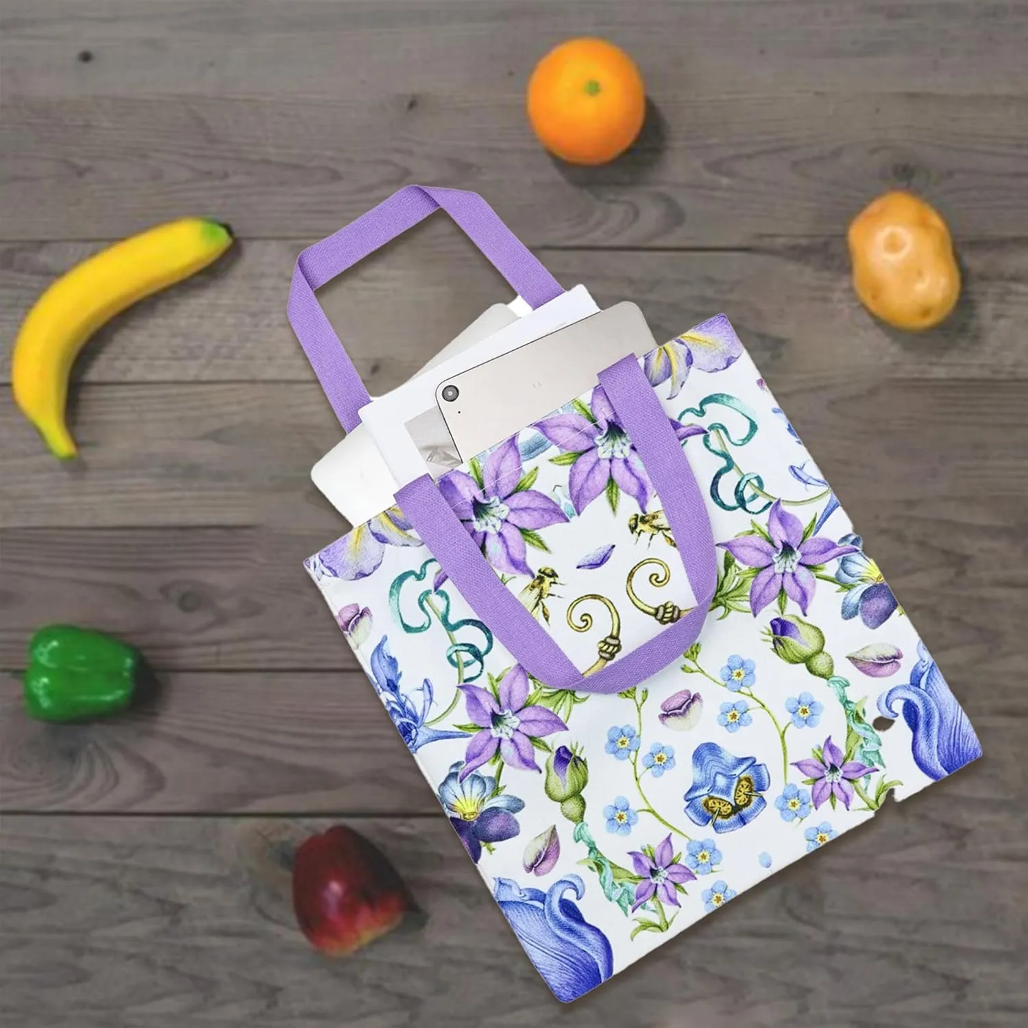 Aesthetic Canvas Tote Bag with Inner Pocket, Reusable Grocery Shopping Bags Shoulder Bag Cotton Tote for Flowers
