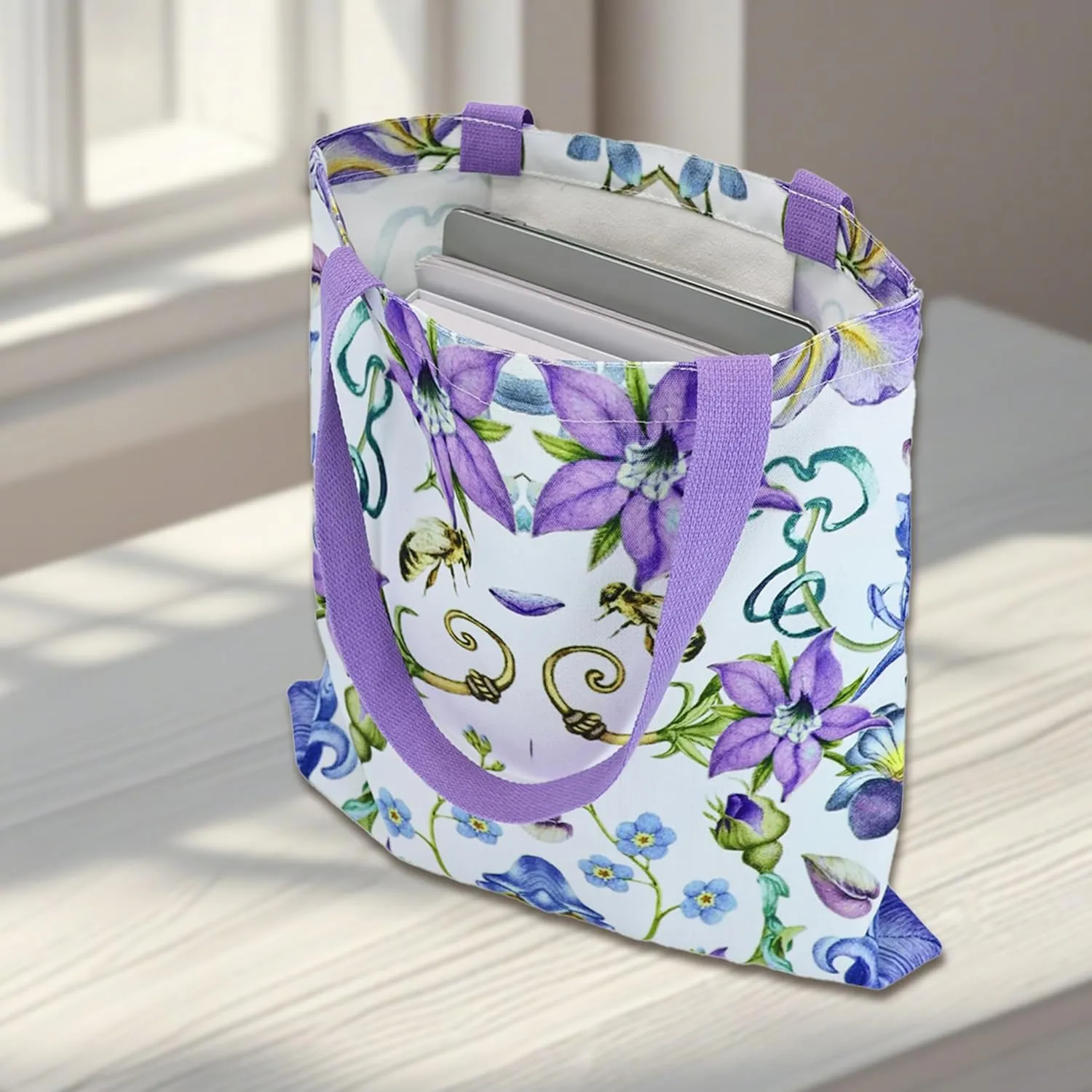 Aesthetic Canvas Tote Bag with Inner Pocket, Reusable Grocery Shopping Bags Shoulder Bag Cotton Tote for Flowers