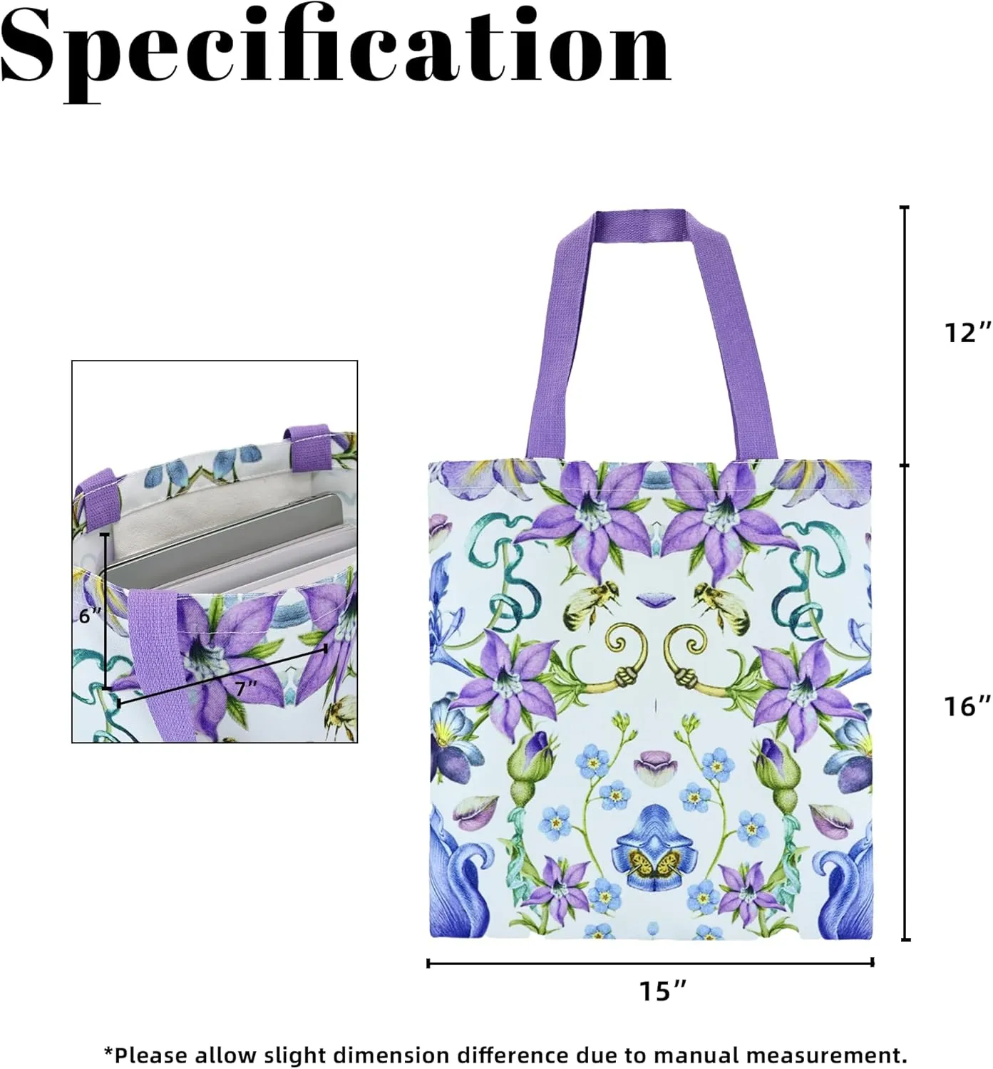 Aesthetic Canvas Tote Bag with Inner Pocket, Reusable Grocery Shopping Bags Shoulder Bag Cotton Tote for Flowers