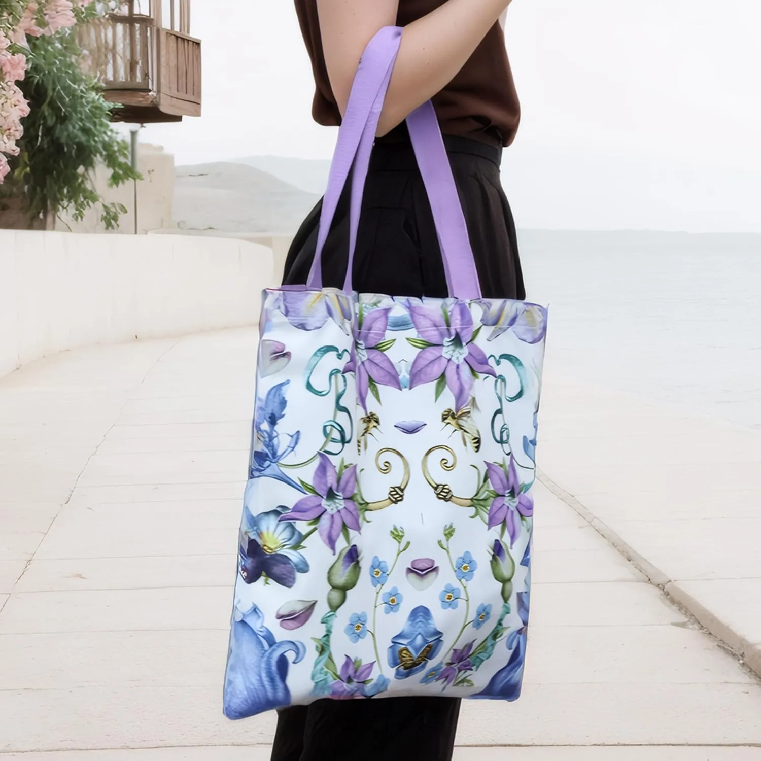 Aesthetic Canvas Tote Bag with Inner Pocket, Reusable Grocery Shopping Bags Shoulder Bag Cotton Tote for Flowers