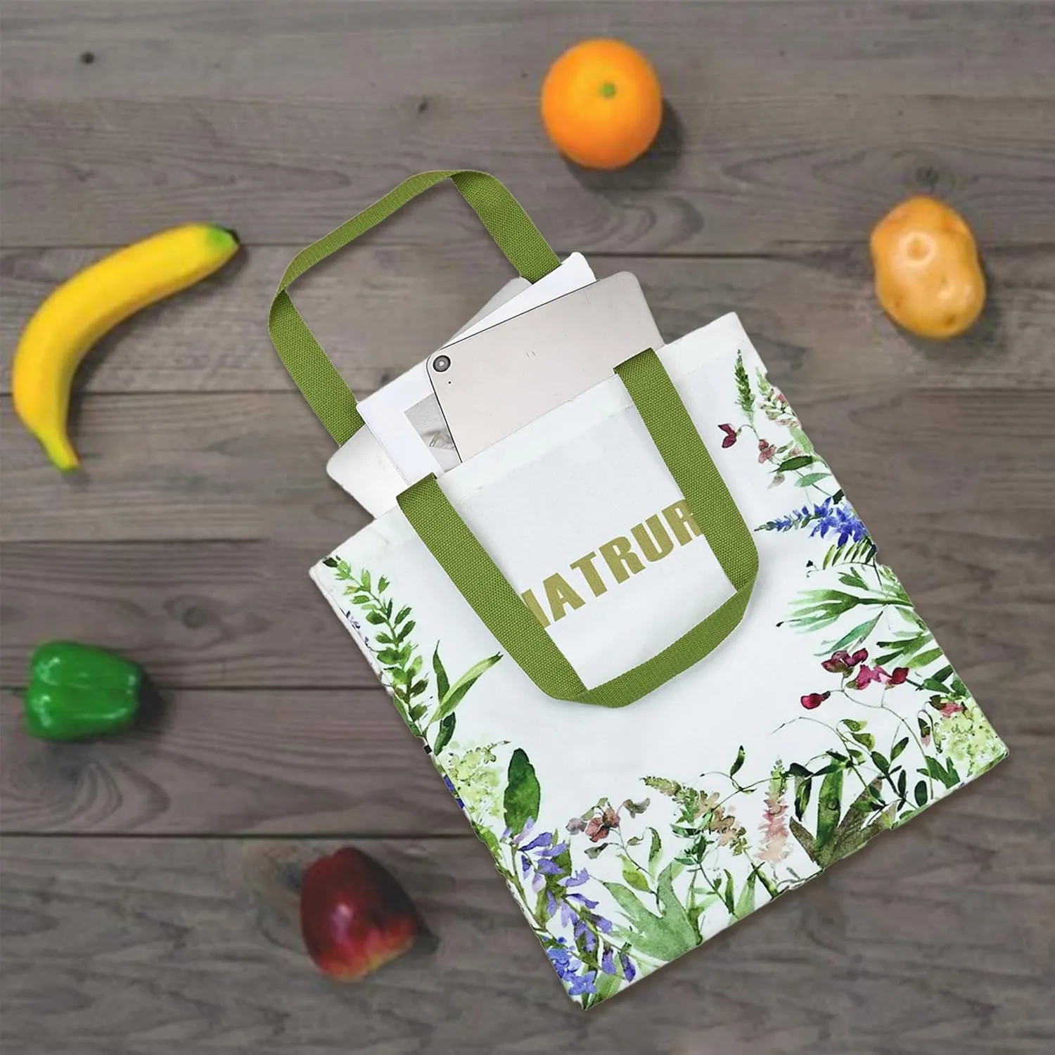 Aesthetic Canvas Tote Bag with Inner Pocket, Reusable Grocery Shopping Bags Shoulder Bag Cotton Tote for Flowers