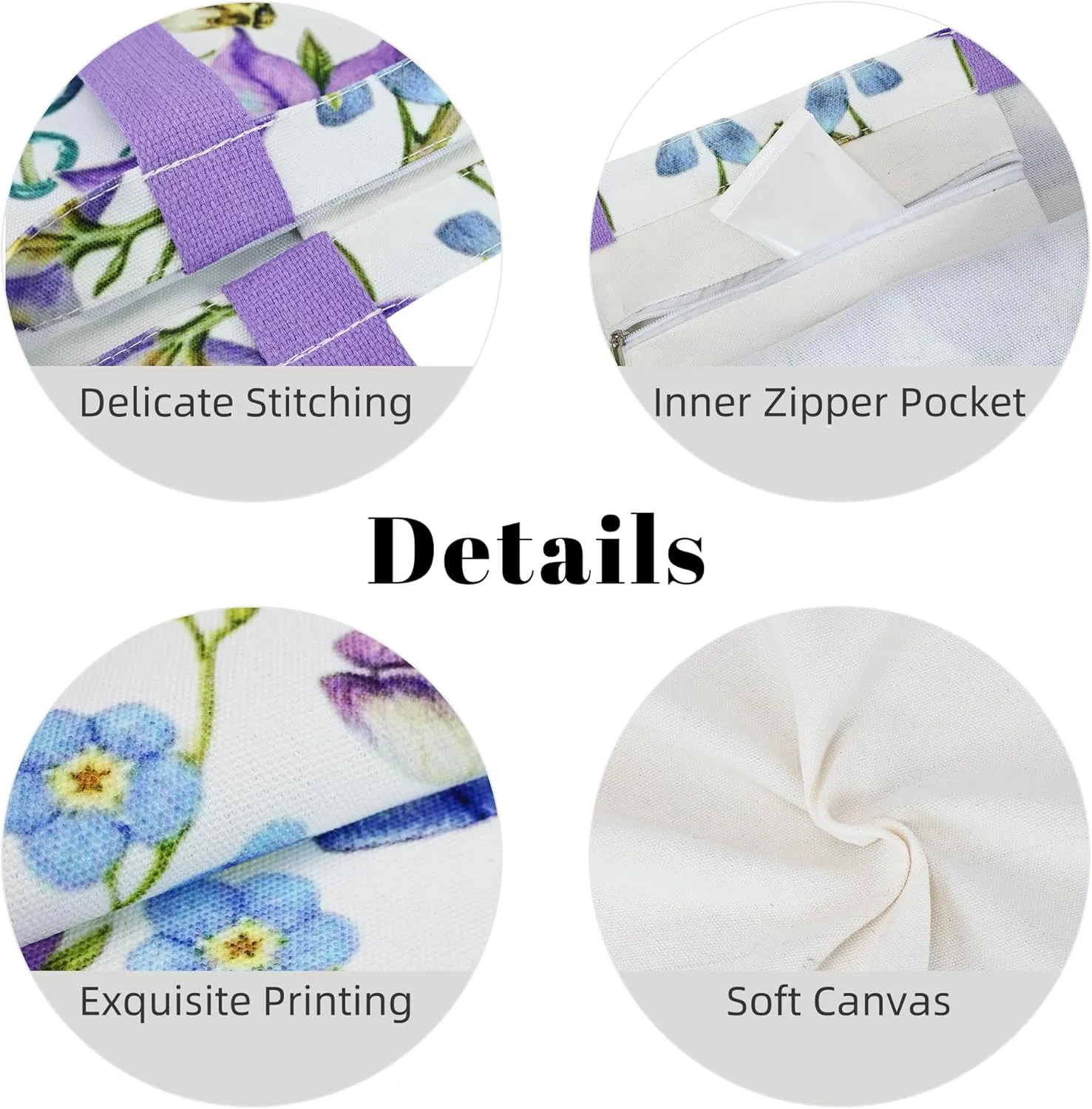 Aesthetic Canvas Tote Bag with Inner Pocket, Reusable Grocery Shopping Bags Shoulder Bag Cotton Tote for Flowers