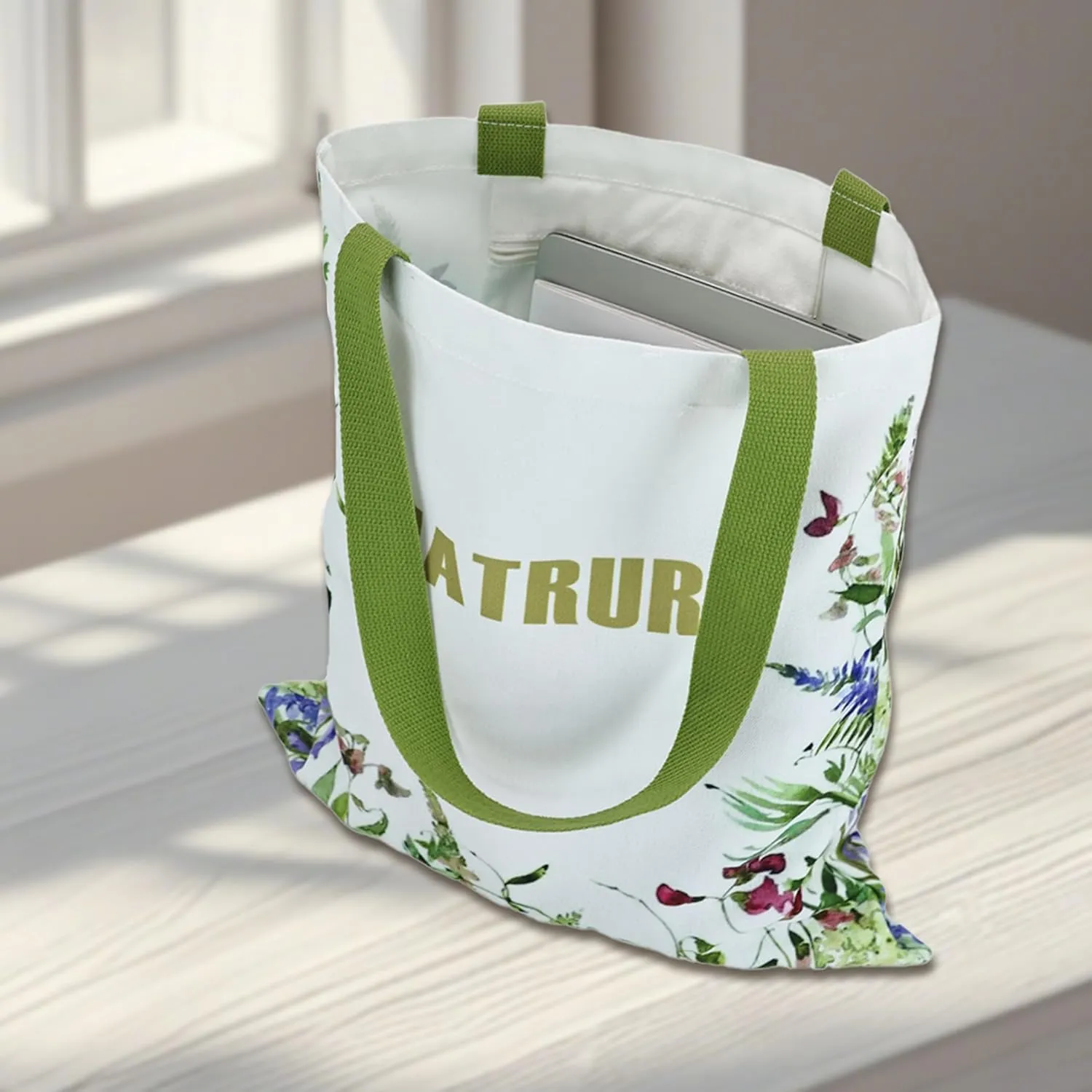 Aesthetic Canvas Tote Bag with Inner Pocket, Reusable Grocery Shopping Bags Shoulder Bag Cotton Tote for Flowers