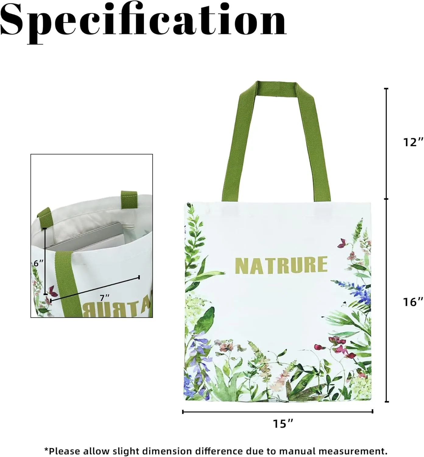Aesthetic Canvas Tote Bag with Inner Pocket, Reusable Grocery Shopping Bags Shoulder Bag Cotton Tote for Flowers