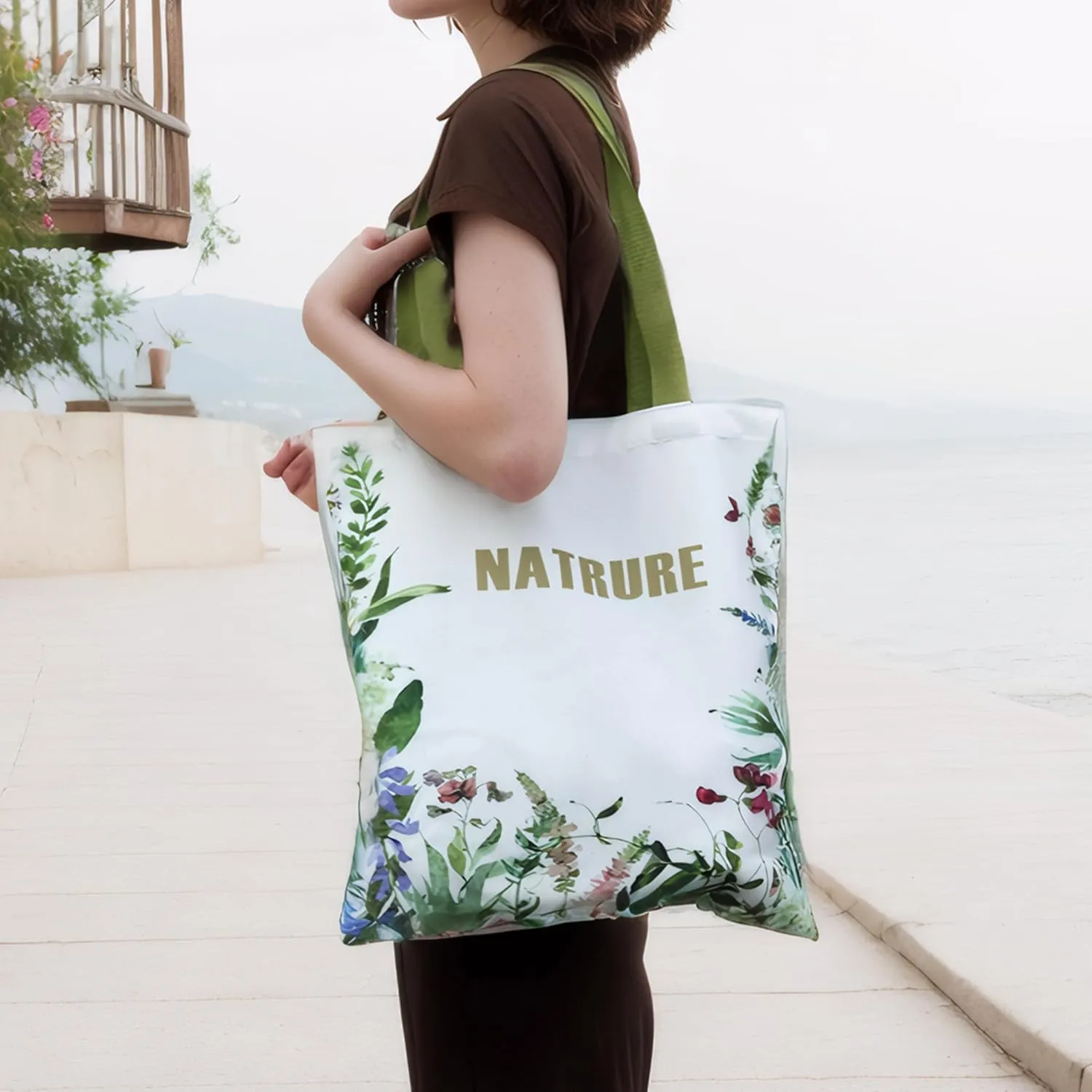 Aesthetic Canvas Tote Bag with Inner Pocket, Reusable Grocery Shopping Bags Shoulder Bag Cotton Tote for Flowers