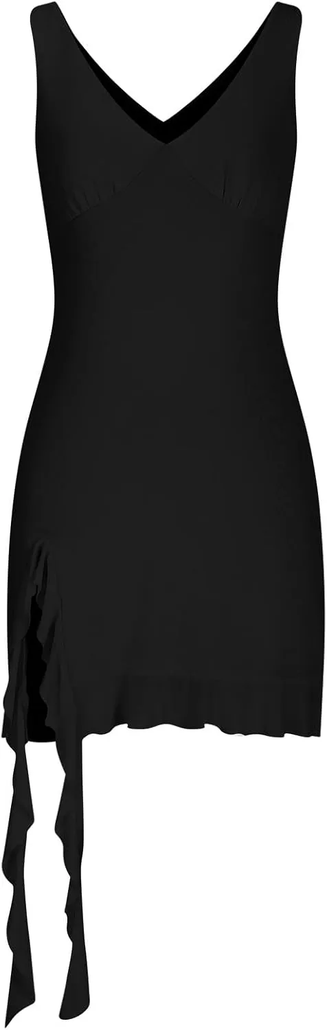 Akklian Womens Summer Dresses Sexy Slit Bodycon Dresses V Neck Backless Y2K Ruffle Trim Fringe Cocktail Party Club Mini Dress