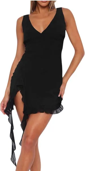 Akklian Womens Summer Dresses Sexy Slit Bodycon Dresses V Neck Backless Y2K Ruffle Trim Fringe Cocktail Party Club Mini Dress