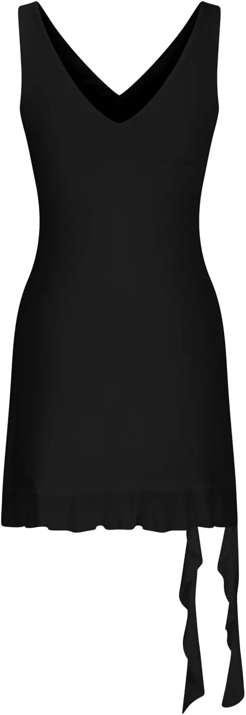 Akklian Womens Summer Dresses Sexy Slit Bodycon Dresses V Neck Backless Y2K Ruffle Trim Fringe Cocktail Party Club Mini Dress