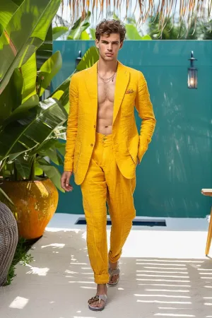 Arlo Beautiful  Yellow Men Suits Slim Fit Blazer Linen Suit