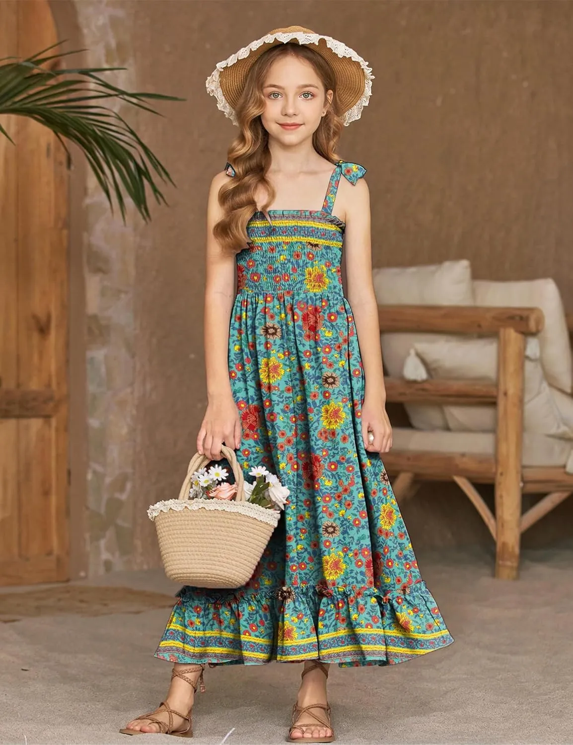 Arshiner Girls Summer Dress Boho Beach Casual Smocked Maxi Dresses 6-13 Years