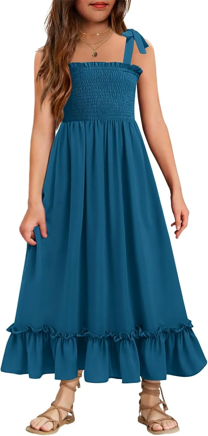 Arshiner Girls Summer Dress Boho Beach Casual Smocked Maxi Dresses 6-13 Years