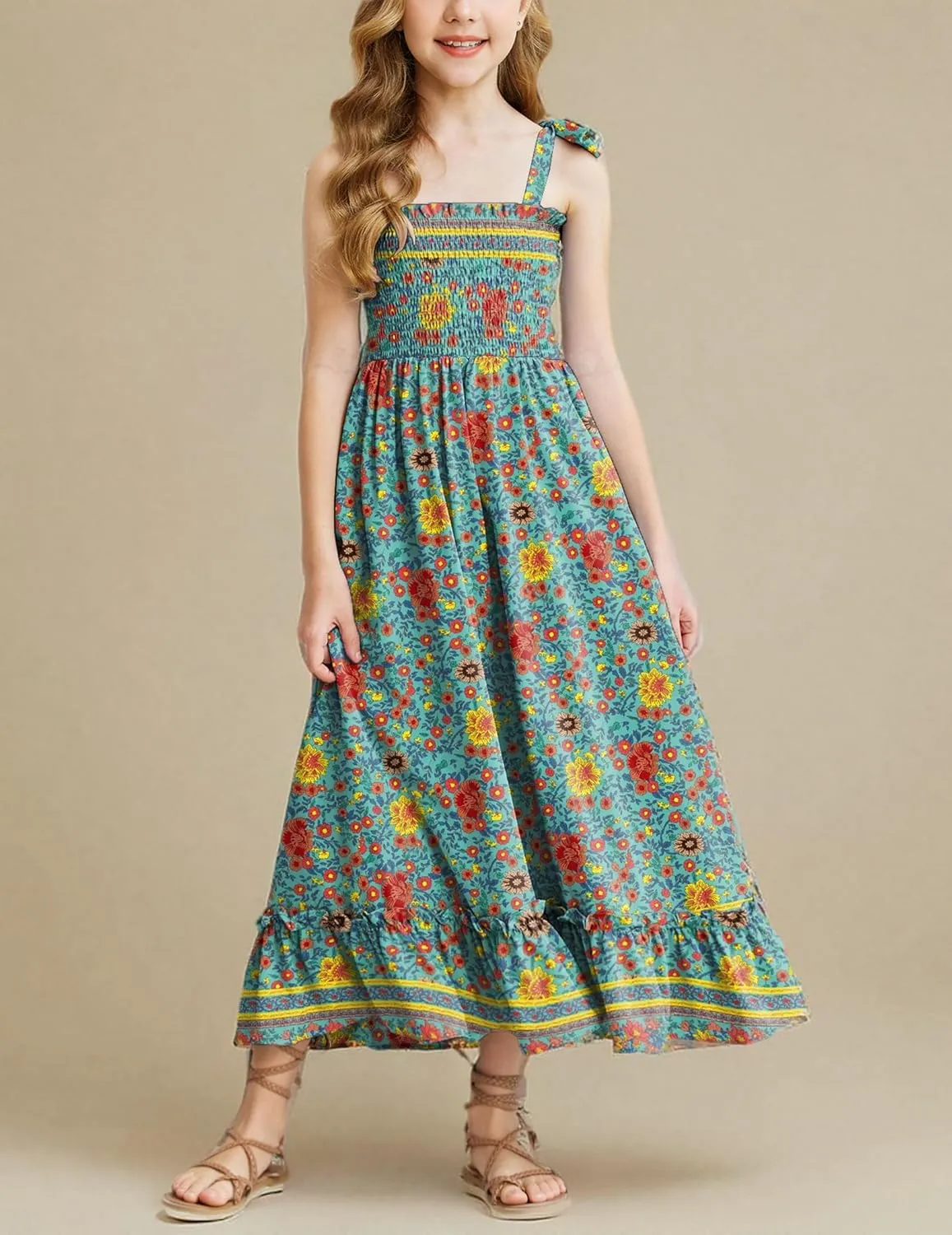 Arshiner Girls Summer Dress Boho Beach Casual Smocked Maxi Dresses 6-13 Years