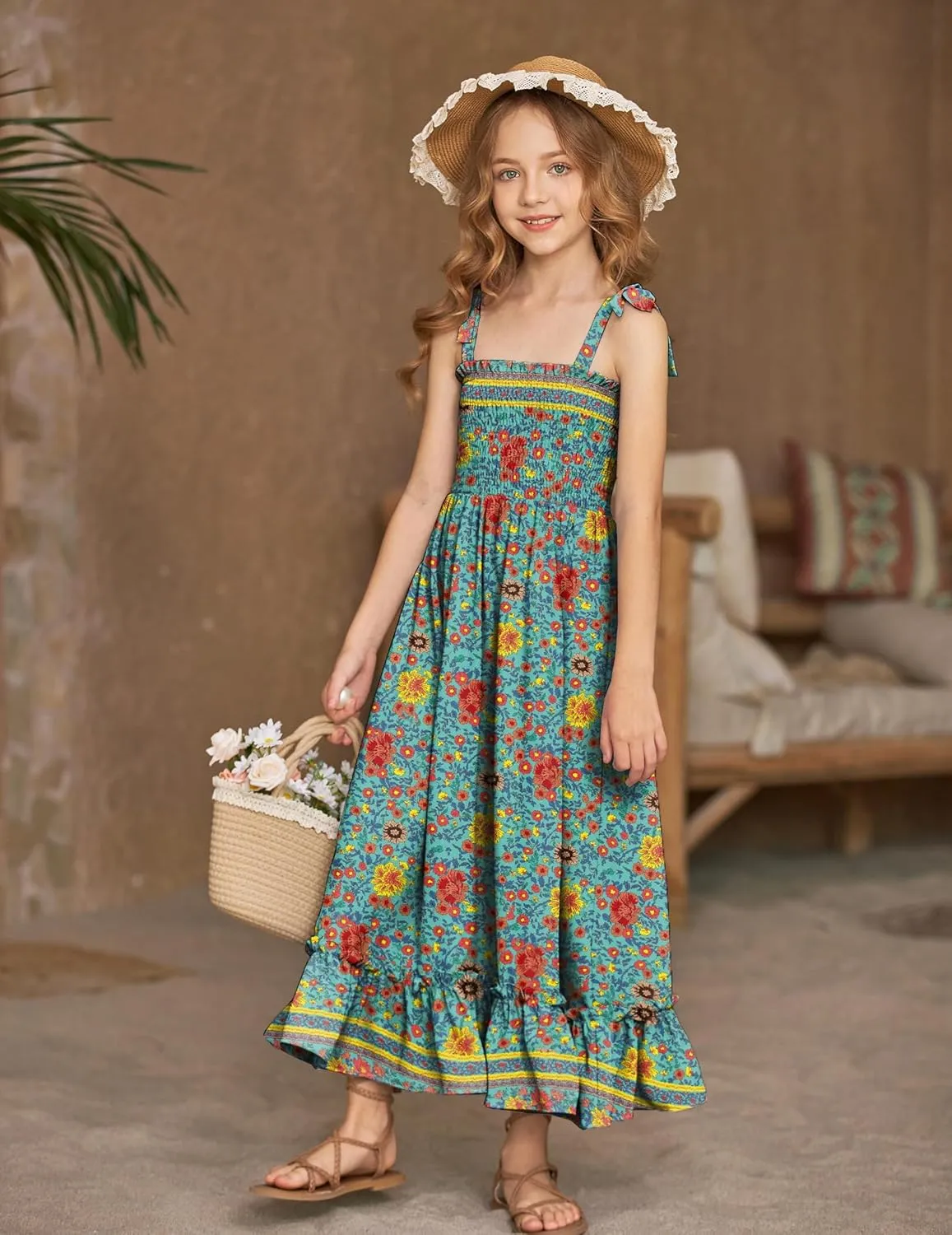 Arshiner Girls Summer Dress Boho Beach Casual Smocked Maxi Dresses 6-13 Years