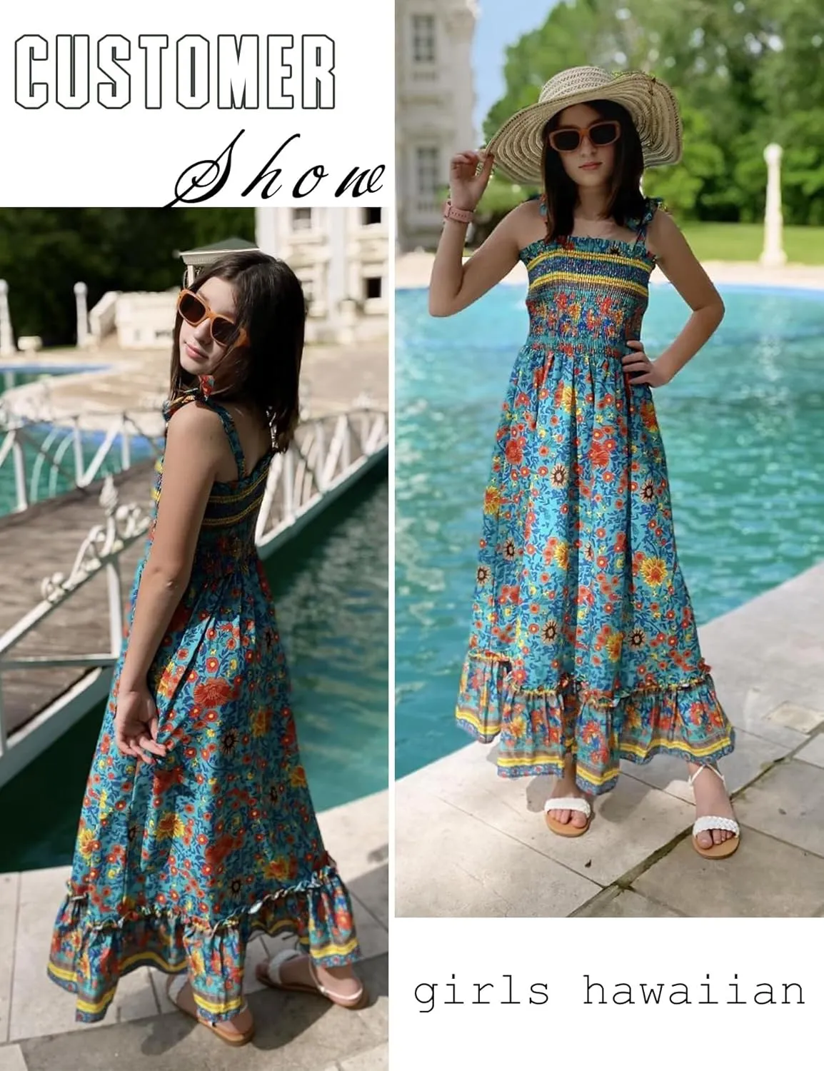 Arshiner Girls Summer Dress Boho Beach Casual Smocked Maxi Dresses 6-13 Years