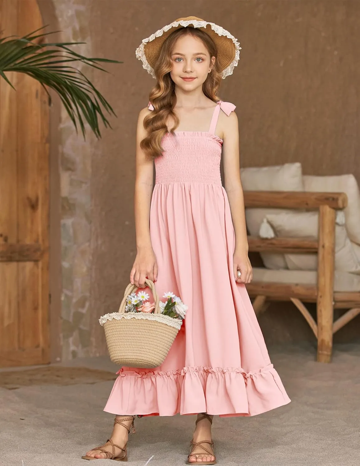 Arshiner Girls Summer Dress Boho Beach Casual Smocked Maxi Dresses 6-13 Years