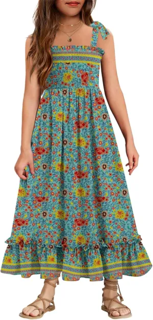 Arshiner Girls Summer Dress Boho Beach Casual Smocked Maxi Dresses 6-13 Years