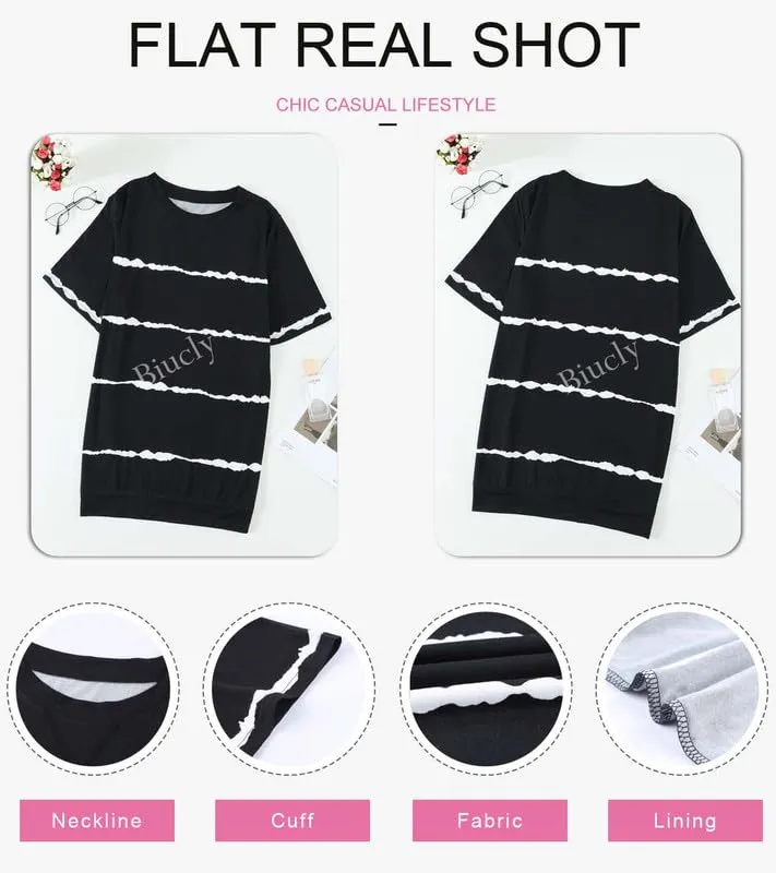 Biucly Women's Summer Casual Short Sleeve Crewneck Dandelion Print Graphic Tees Tunic Tops Soft Tshirts for Womens,US 8-10(M),Black