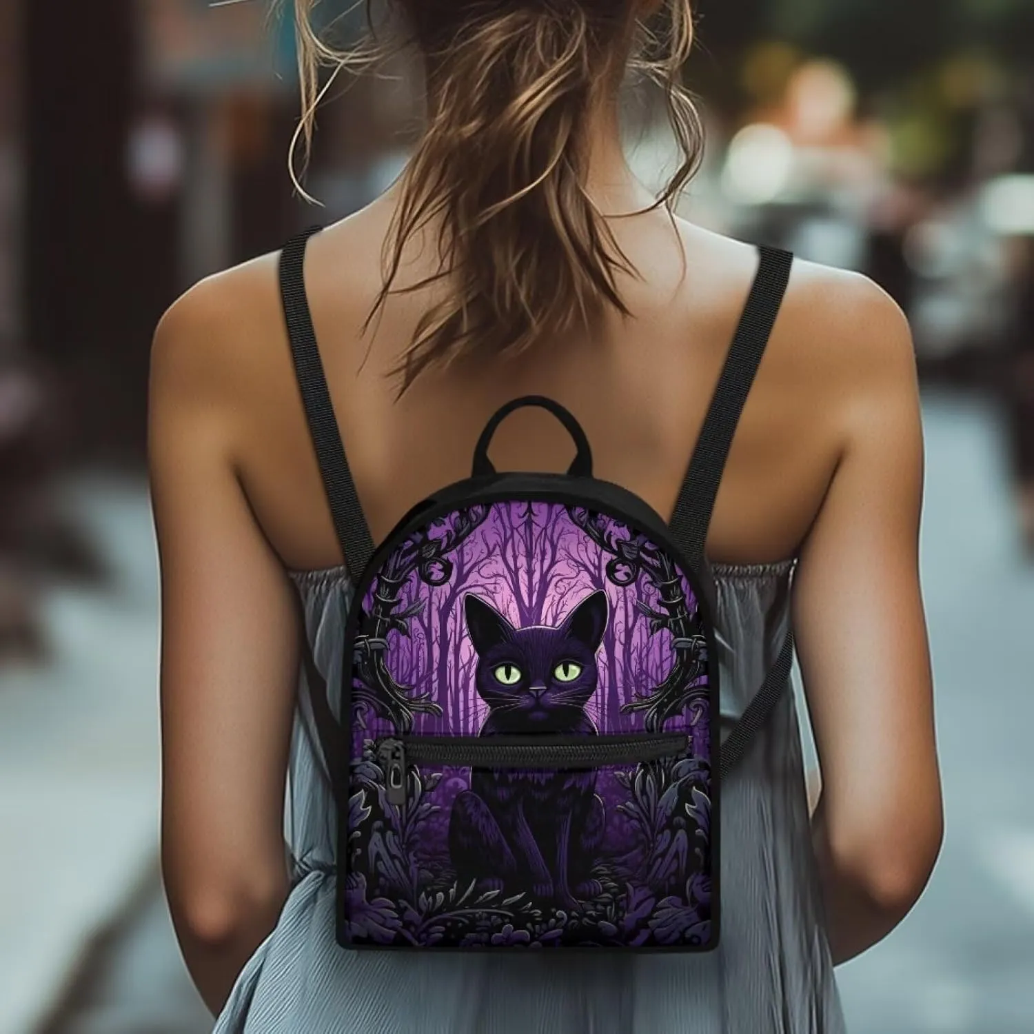 Black Cat Backpack Purse for Women Portable Mini Backpack for Travel School Gym Hiking Waterproof Mini Diaper Bag for Mother Outdoor with Multiple Pockets Carrying Tote Bags