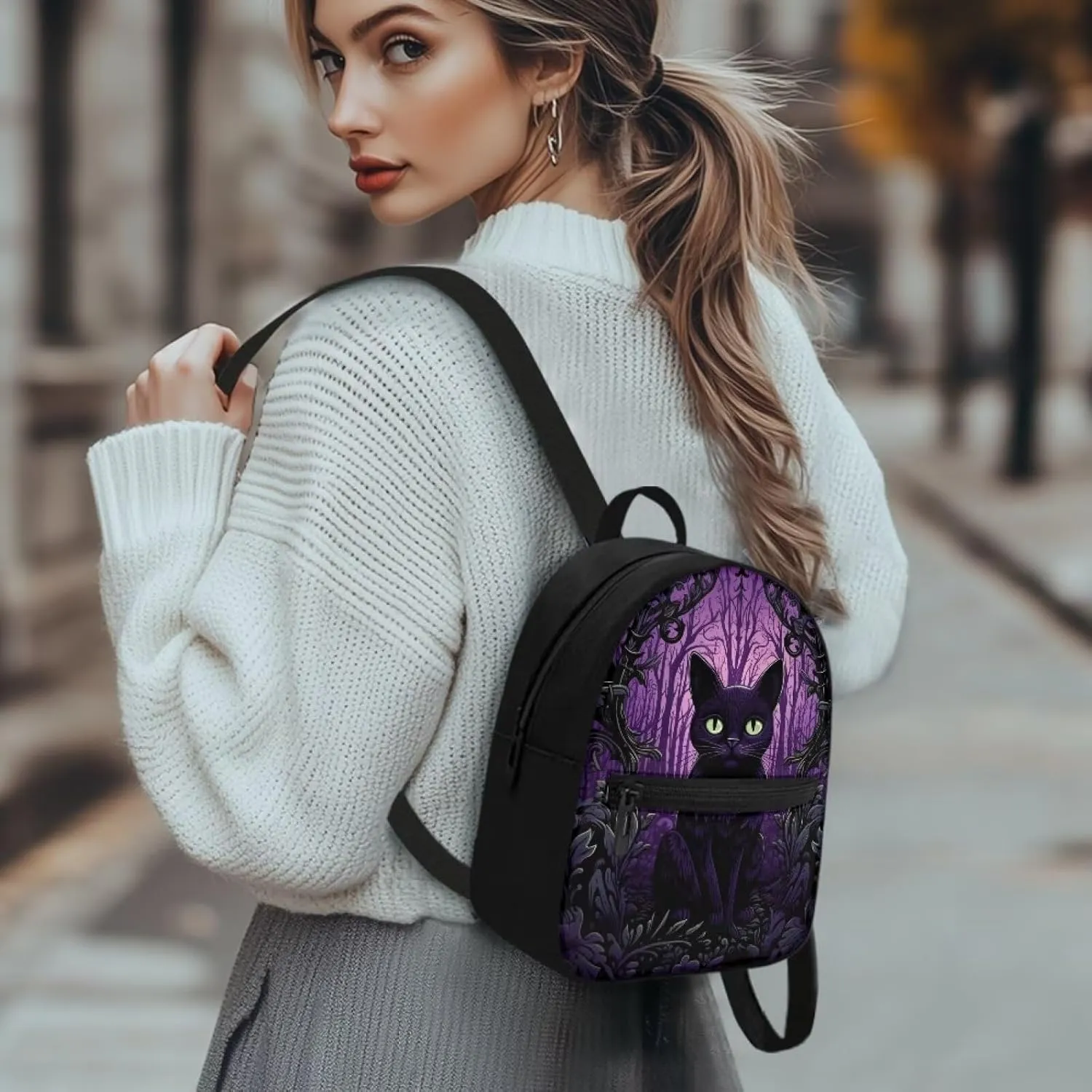 Black Cat Backpack Purse for Women Portable Mini Backpack for Travel School Gym Hiking Waterproof Mini Diaper Bag for Mother Outdoor with Multiple Pockets Carrying Tote Bags
