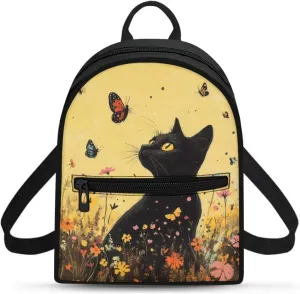Black Cat Mini Backpack Lightweight Backpack Purse for Women Men Floral Portable Small Diaper Bag for Mother Father Butterfly Handbag with Zipper Adjustable Shoulder Strap