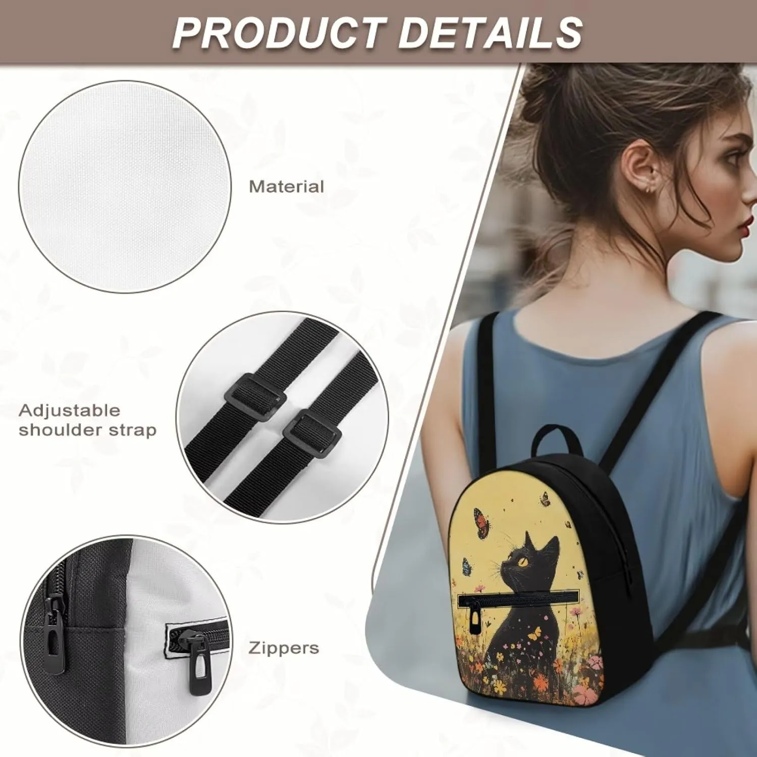 Black Cat Mini Backpack Lightweight Backpack Purse for Women Men Floral Portable Small Diaper Bag for Mother Father Butterfly Handbag with Zipper Adjustable Shoulder Strap