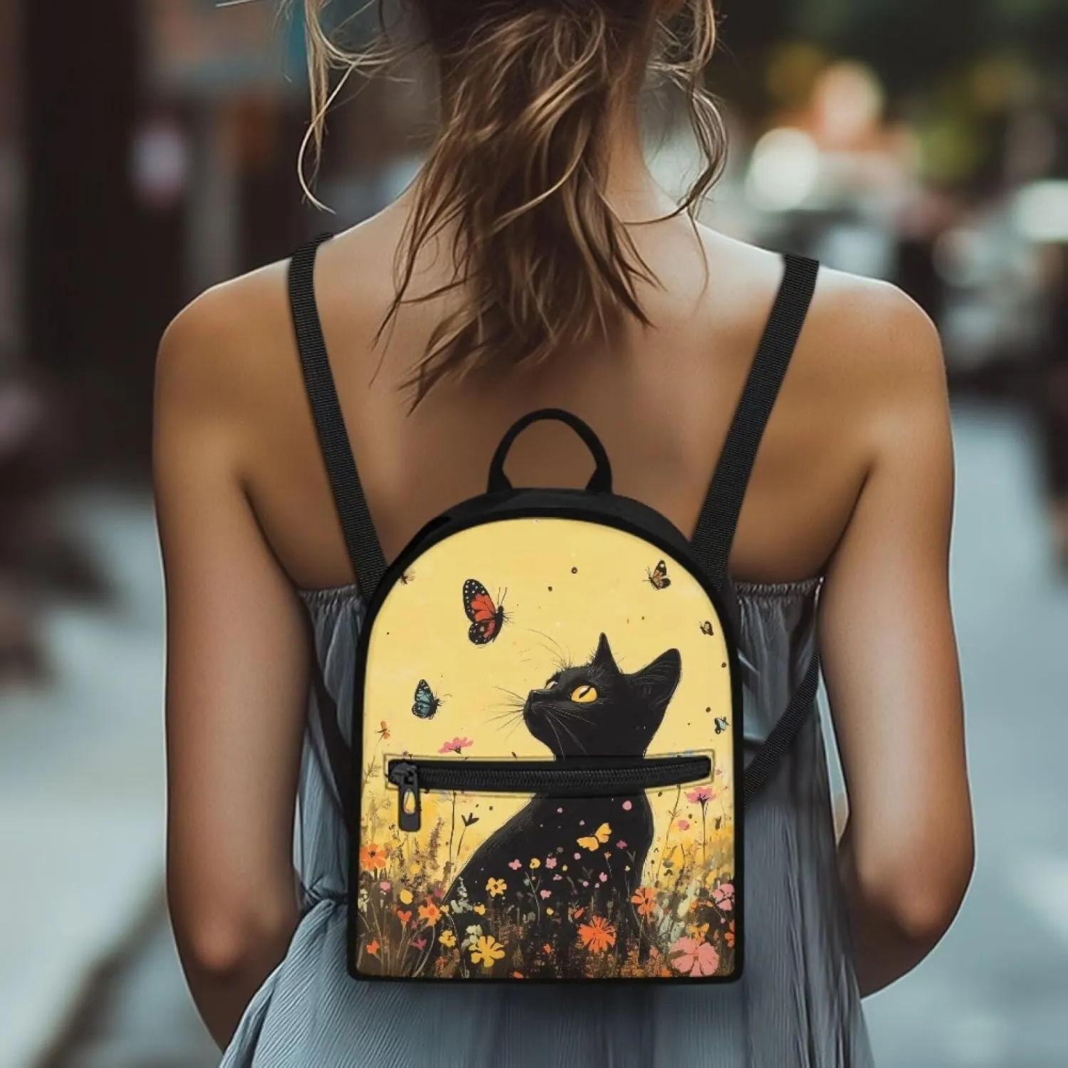 Black Cat Mini Backpack Lightweight Backpack Purse for Women Men Floral Portable Small Diaper Bag for Mother Father Butterfly Handbag with Zipper Adjustable Shoulder Strap