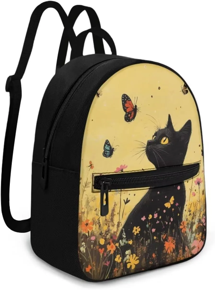 Black Cat Mini Backpack Lightweight Backpack Purse for Women Men Floral Portable Small Diaper Bag for Mother Father Butterfly Handbag with Zipper Adjustable Shoulder Strap