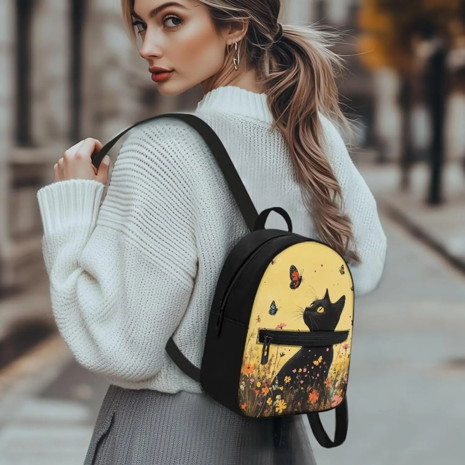 Black Cat Mini Backpack Lightweight Backpack Purse for Women Men Floral Portable Small Diaper Bag for Mother Father Butterfly Handbag with Zipper Adjustable Shoulder Strap