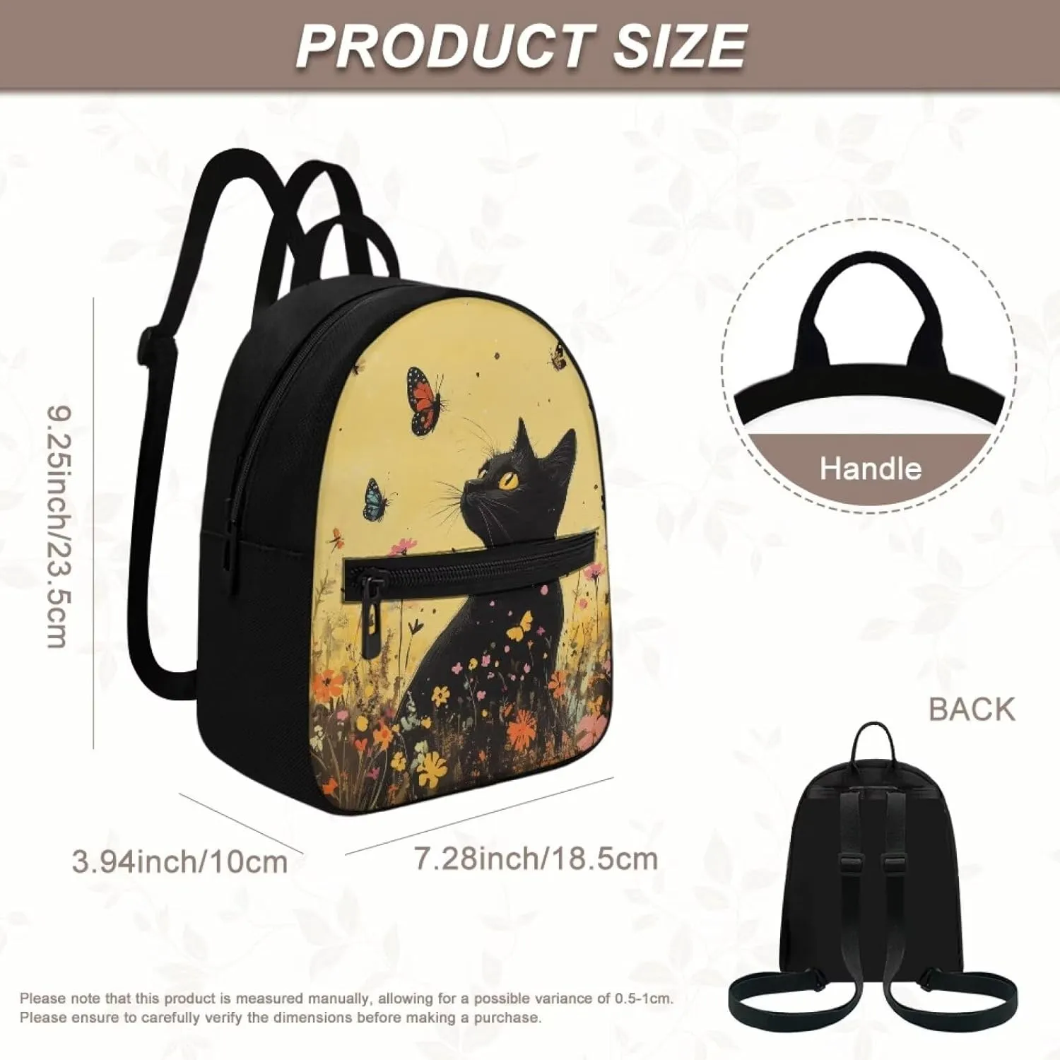 Black Cat Mini Backpack Lightweight Backpack Purse for Women Men Floral Portable Small Diaper Bag for Mother Father Butterfly Handbag with Zipper Adjustable Shoulder Strap