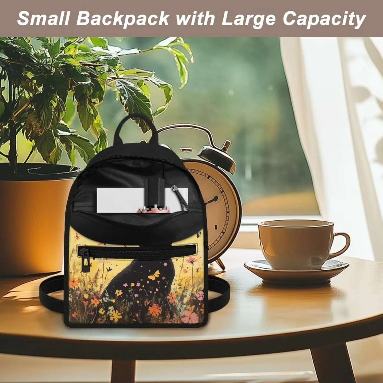 Black Cat Mini Backpack Lightweight Backpack Purse for Women Men Floral Portable Small Diaper Bag for Mother Father Butterfly Handbag with Zipper Adjustable Shoulder Strap
