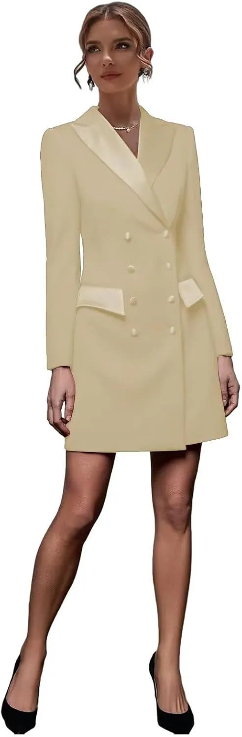 Blazer Dress for Women Double Breasted Peak Lapel Bodycon Women's Casual Long Sleeve Solid Suit Skirt for Business
