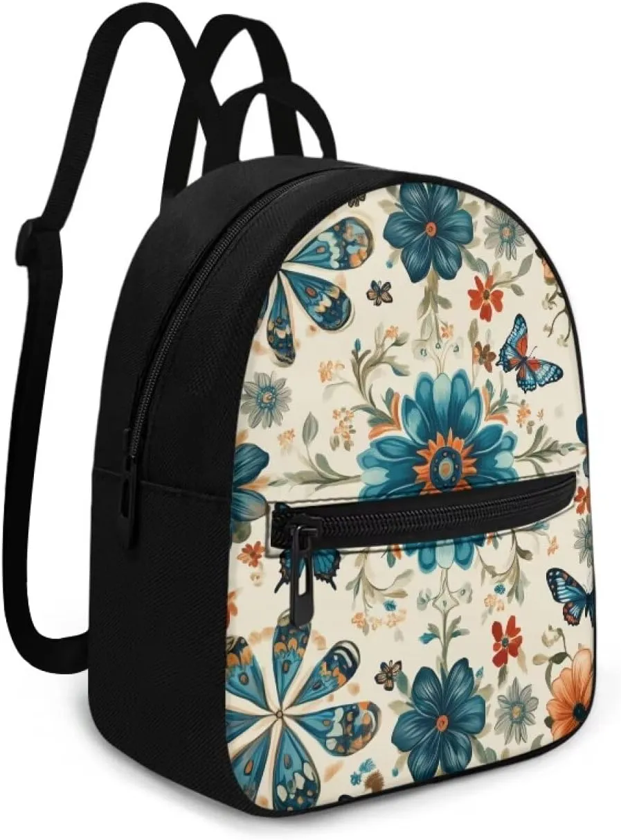 Blue Floral Backpack Purse Elegant Butterfly Small Backpack for Women With Adjustable Shoulder Strap Carrying Back Pack Purses Women for Travel Shopping Work School
