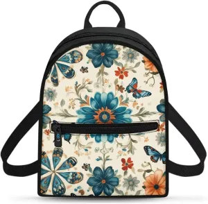 Blue Floral Backpack Purse Elegant Butterfly Small Backpack for Women With Adjustable Shoulder Strap Carrying Back Pack Purses Women for Travel Shopping Work School
