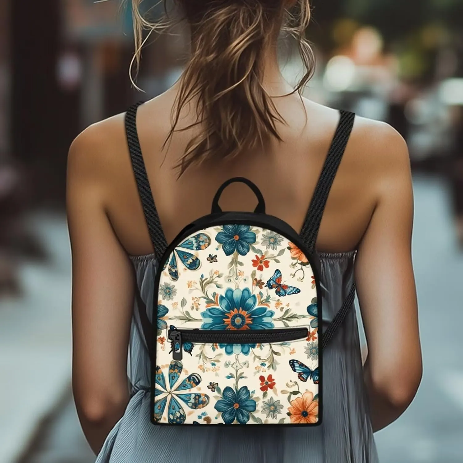 Blue Floral Backpack Purse Elegant Butterfly Small Backpack for Women With Adjustable Shoulder Strap Carrying Back Pack Purses Women for Travel Shopping Work School