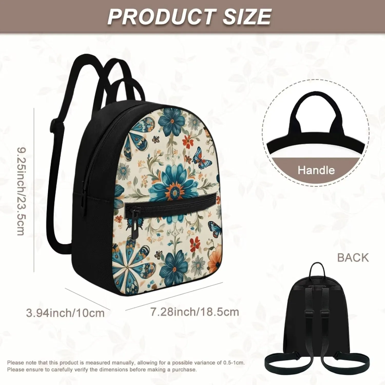 Blue Floral Backpack Purse Elegant Butterfly Small Backpack for Women With Adjustable Shoulder Strap Carrying Back Pack Purses Women for Travel Shopping Work School