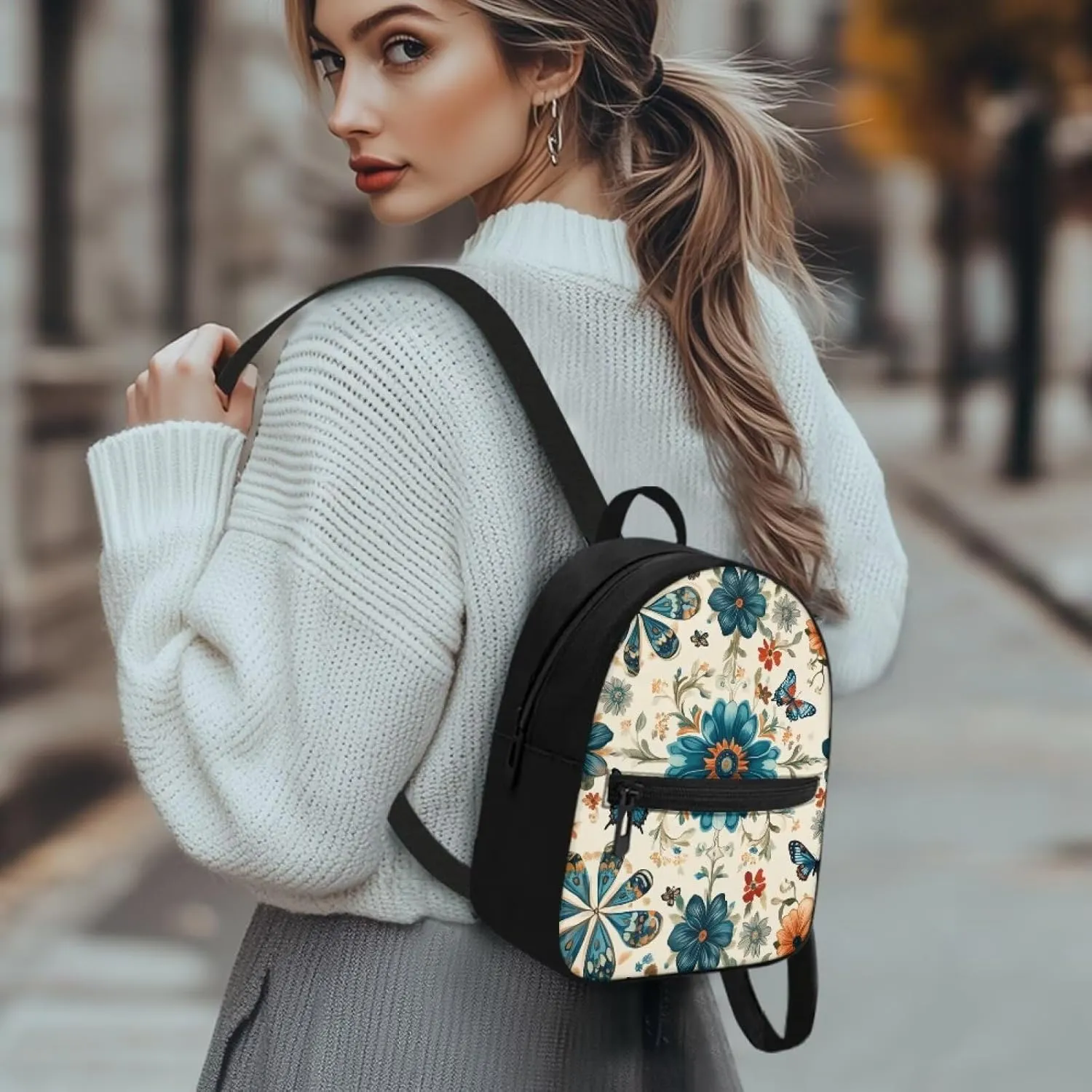 Blue Floral Backpack Purse Elegant Butterfly Small Backpack for Women With Adjustable Shoulder Strap Carrying Back Pack Purses Women for Travel Shopping Work School
