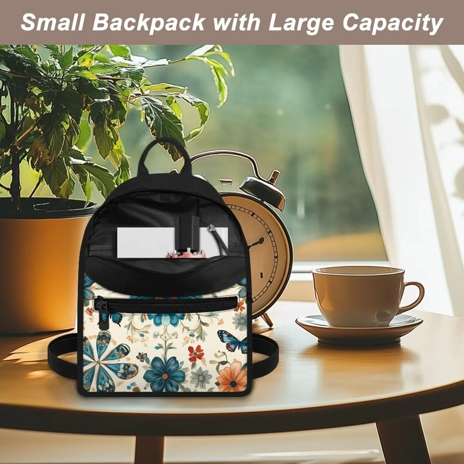 Blue Floral Backpack Purse Elegant Butterfly Small Backpack for Women With Adjustable Shoulder Strap Carrying Back Pack Purses Women for Travel Shopping Work School