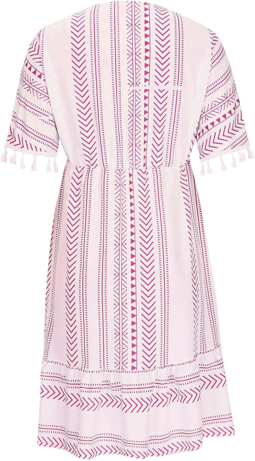 Boho Dress for Women Loose Fit Casual V Neck Tassels Short Sleeve Vintage Ethnic Style Knee Lenght Wrap Midi Dresses