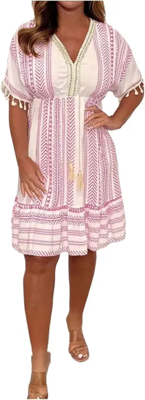 Boho Dress for Women Loose Fit Casual V Neck Tassels Short Sleeve Vintage Ethnic Style Knee Lenght Wrap Midi Dresses