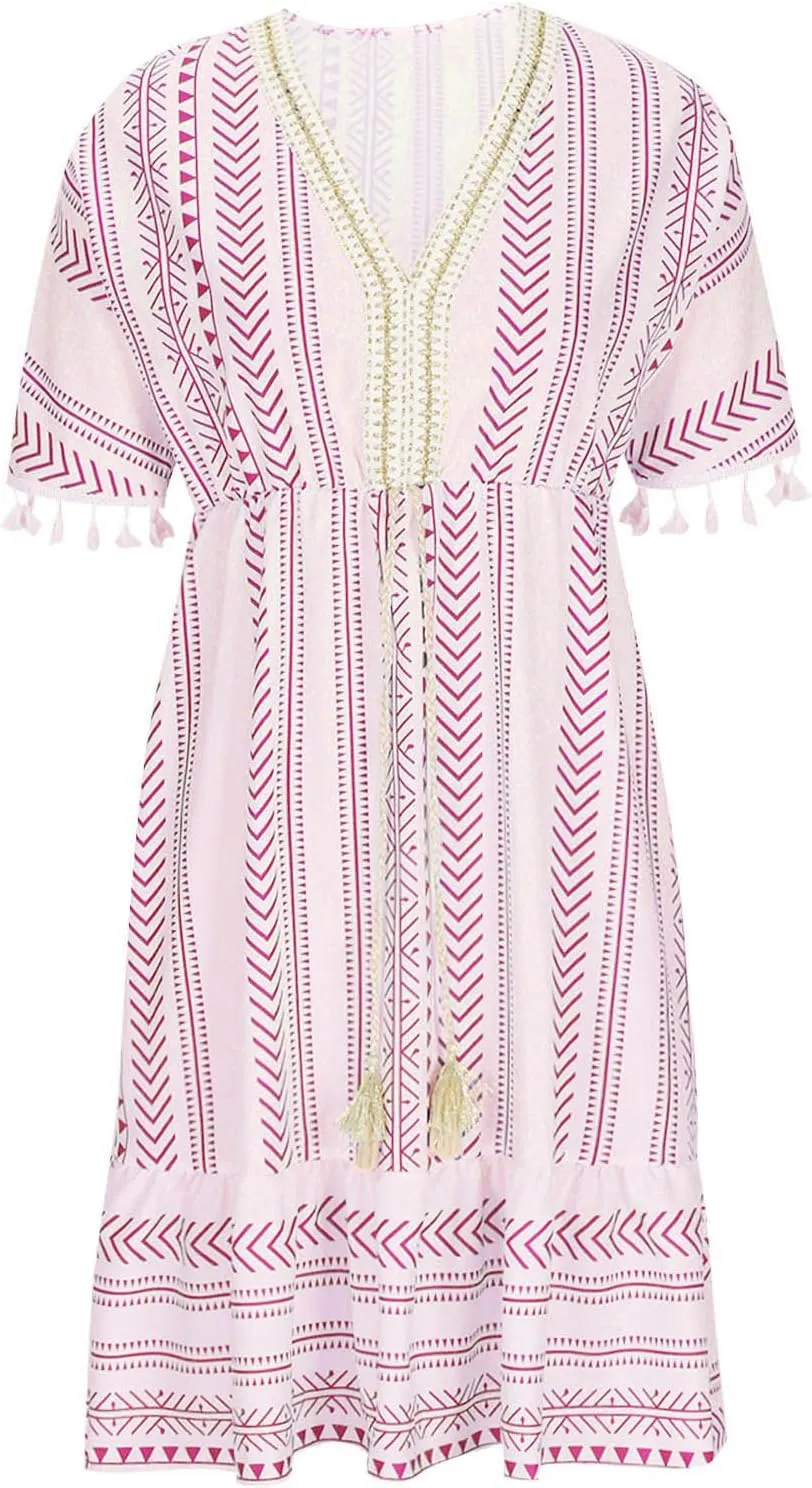 Boho Dress for Women Loose Fit Casual V Neck Tassels Short Sleeve Vintage Ethnic Style Knee Lenght Wrap Midi Dresses